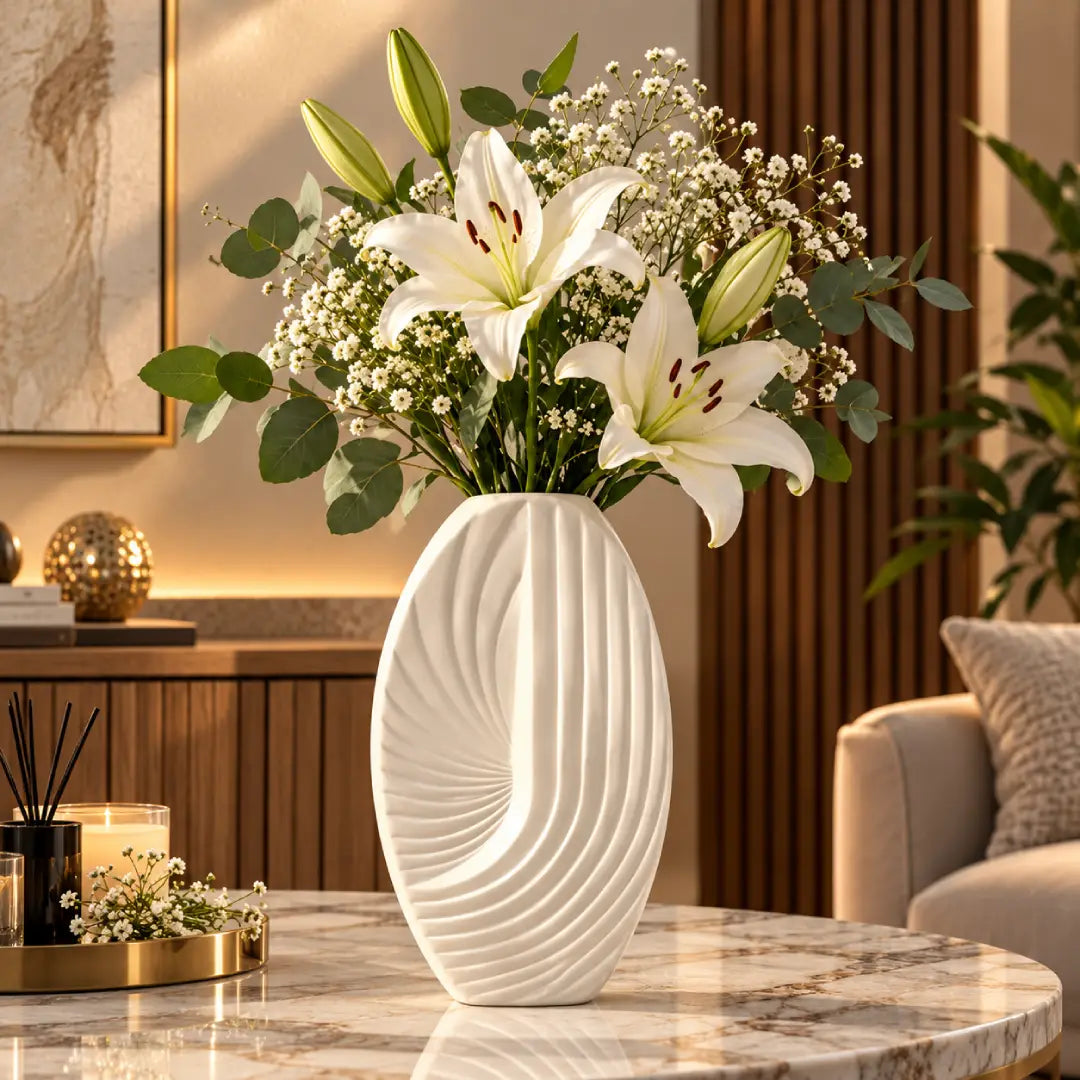 White Sculptural Ribbed Ceramic Vase 10 Inch