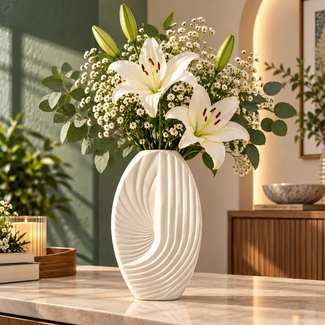 10 inch white ribbed ceramic vase