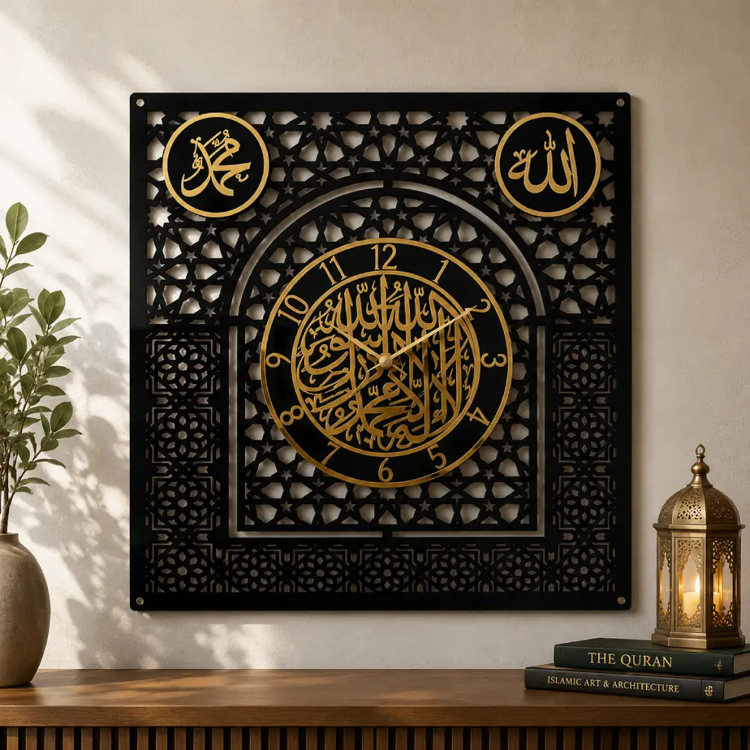 Zeenat-e-Waqt Islamic calligraphy wall clock black golden 24 inch Pakistan