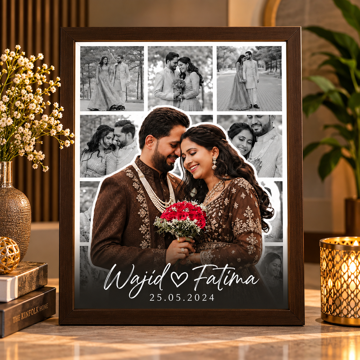 Personalised black and white photo collage with name and date