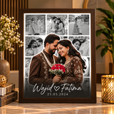 Personalised black and white photo collage with name and date