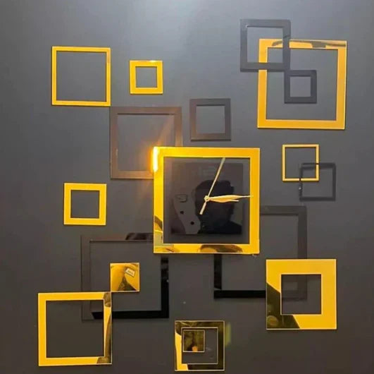 Square Shaped Silver & Golden Acrylic Clock For Wall Decor