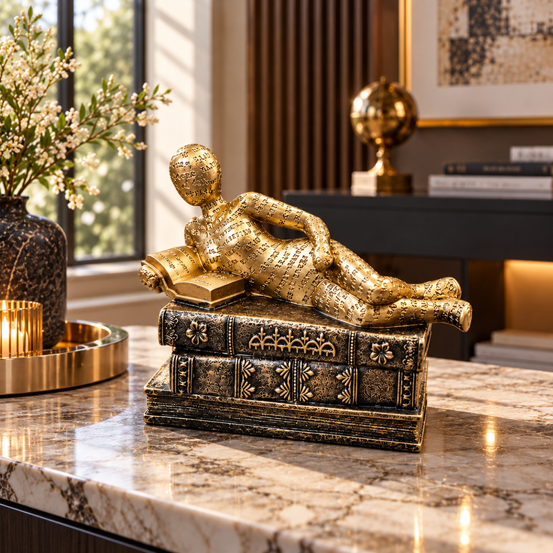 Gold Reclining Reader on Books Sculpture | Literary Home & Table Décor