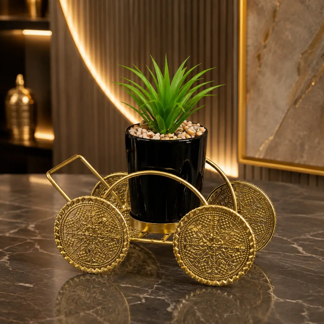 Gold Metal Cart with Planter | Elegant Decorative Plant Stand for Home