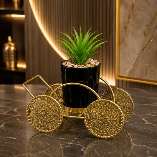 Gold Metal Cart with Planter | Elegant Decorative Plant Stand for Home