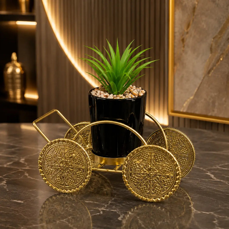 Gold Metal Cart with Planter | Elegant Decorative Plant Stand for Home